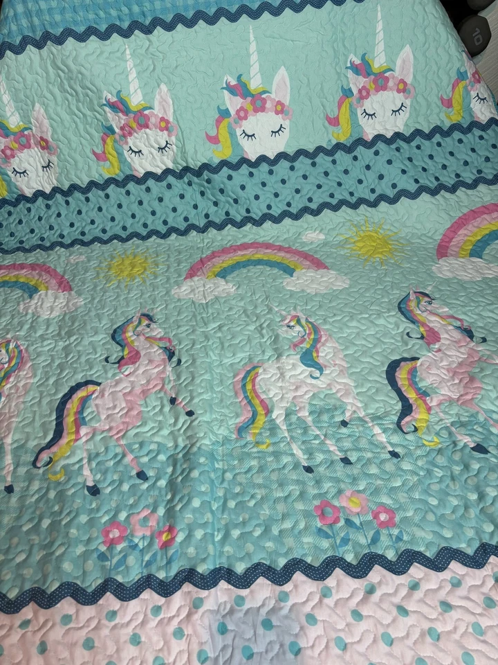 Colcha edredón de unicornio azul turquesa arco iris almohada funda doble Foto 4 de 4