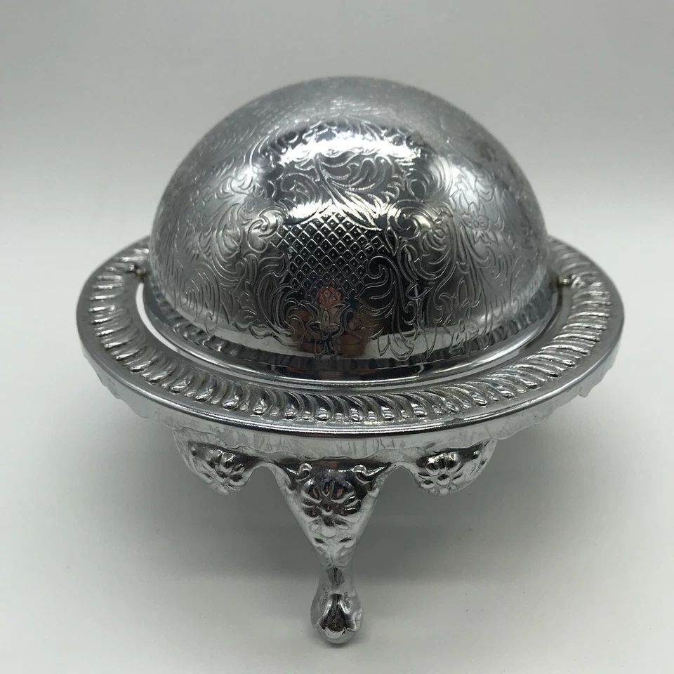 Plato de mantequilla plateado vintage de mediados de siglo con patas de esfera tapa giratoria (usado) Foto 2 de 4