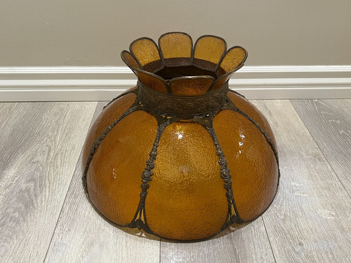 Vintage Gramercy Slag Glass Amber 8 Panels & Brass Hanging Lamp