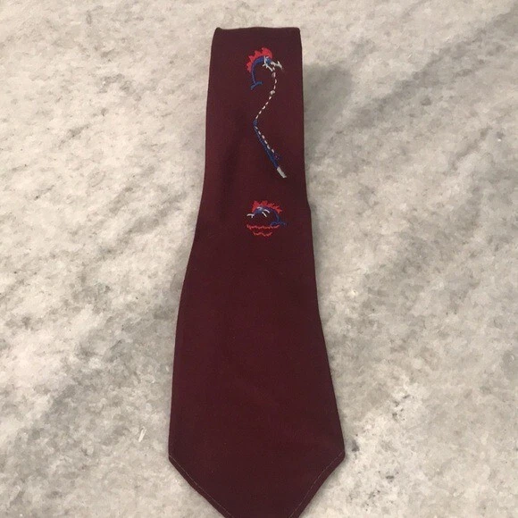 Vintage Wembley Tie Mens Burgundy Fly Fishing Embroidery Retro Outdoor Made USA - Image 3 of 4