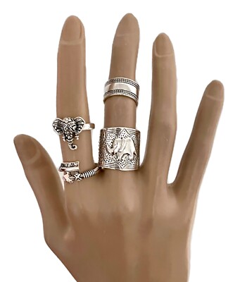 Set /Bundle/ Lot 4 Fun Silver Tone Adjustable Rings Embossed Elephants