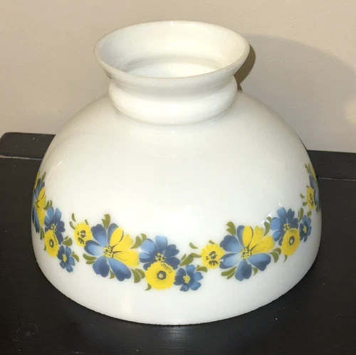 Vintage Hurricane Lamp Shade Floral White Milk Glass Top 9 5/8 Fitter 6.6" Tall