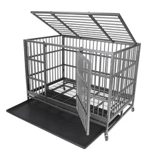 Heavy Duty 47" Dog Crate Kennel Folding Iron Pet Cage 2 Door + Tray