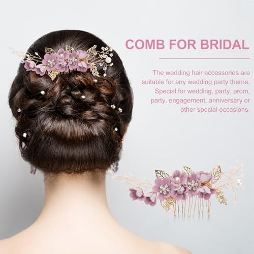 Flower Bride Wedding Hair Comb, Pearl Flower Hair Clip Accessories, Purple - Picture 2 of 7
