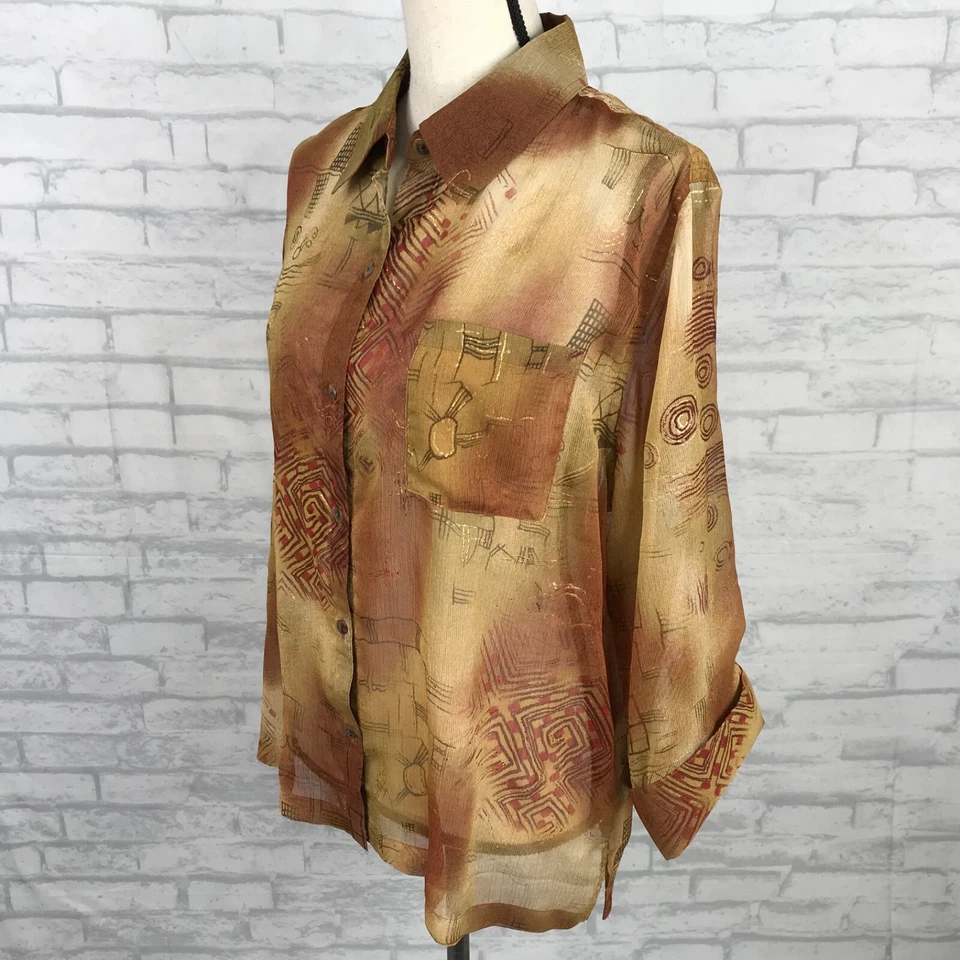 Coldwater Creek XL Shirt Top Sheer Button Up Earthtones Lightweight Gold Accents - Image 4 of 4