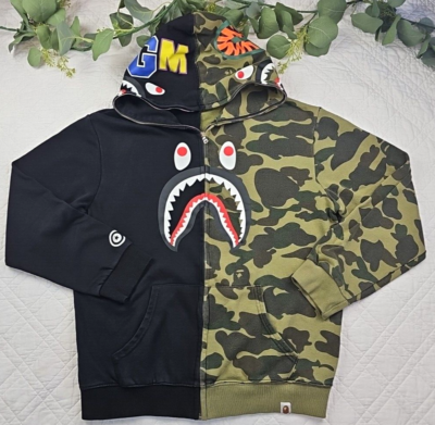 A Bathing Ape Men's Split Camo and Black Full Zip Hoodie Size M