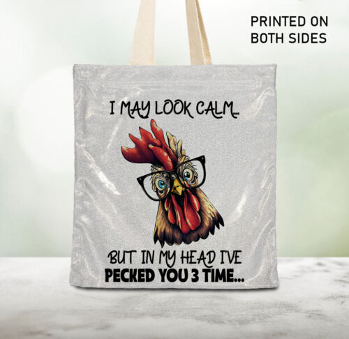 Funny Chicken Tote Bag Tablet/I pad/Gym/School/Library Bag Glitter - Picture 1 of 12