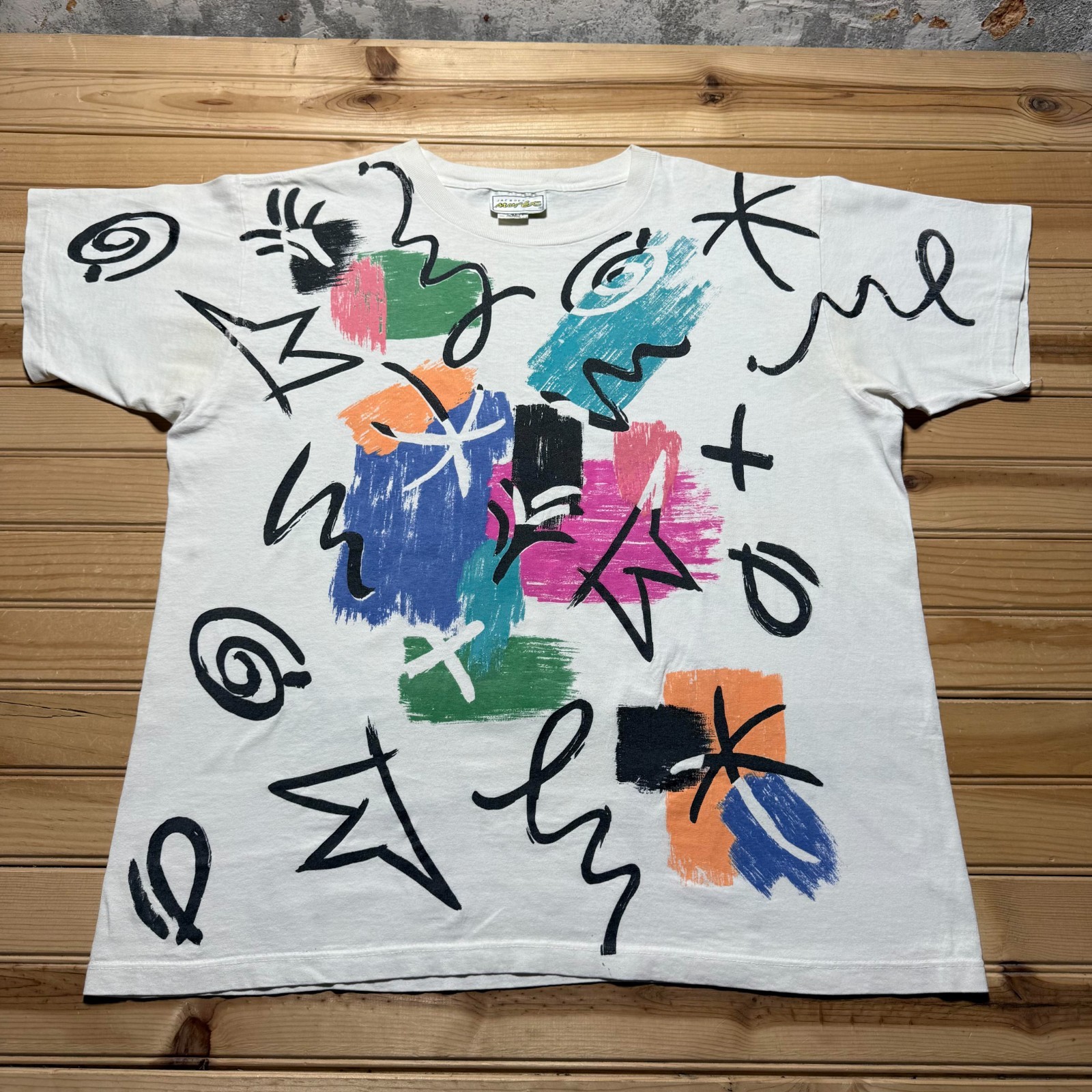 Vintage 90s Abstract Scribble Art AOP Single Stitch Graphic T-Shirt USA One Size