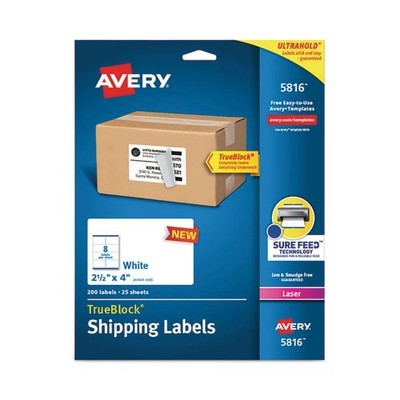 Avery Shipping Labels , Laser Printers, 2.5 x 4, White, 8/Sheet, 25 Sheets/Pack