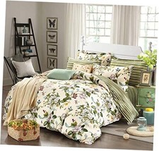 Floral Duvet Cover Set 100 Cotton Green Striped and King/Cal King Beige