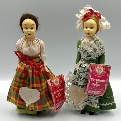 Vintage Lenci Italian Costume Dolls (2) Torino Italy Lace Plaid 9'' Tags Antique