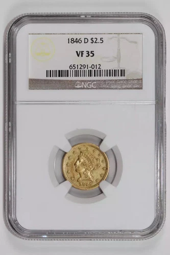 1846-D $2.5 GOLD LIBERTY QUARTER EAGLE NGC VF35 ONLY 19,303 MINTED!