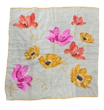 VTG Vera Silk Scarf Japan Floral Poppies Pink Orange 21X21  Hand Rolled