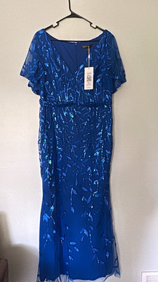 Blue V-NeckFloral Overlay Flutter Sheer Sleeves Embellished Long Dress 3XL