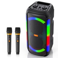 Portable PA Speaker Karaoke Machine Bluetooth 2 Wireless Microphones LED TWS FM