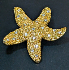 Vintage Gold Tone Starfish Brooch Pin w/ Clear Crystal Rhinestones