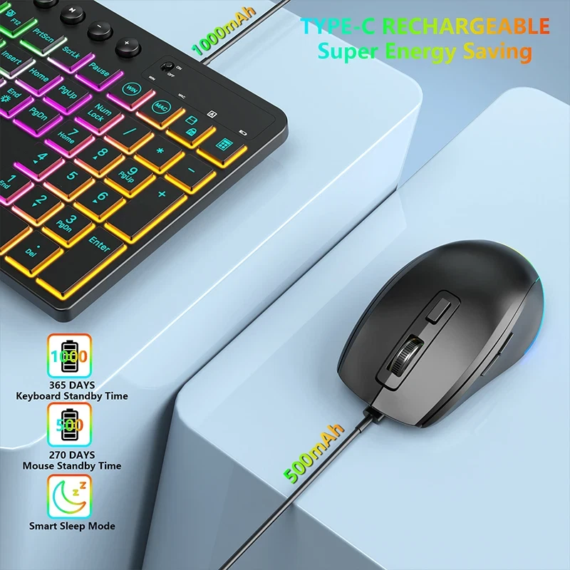 2.4G Wireless Keyboard Mouse Combo RGB Backlit Phone Holder 1600DPI Rechargeable - Image 3 of 4