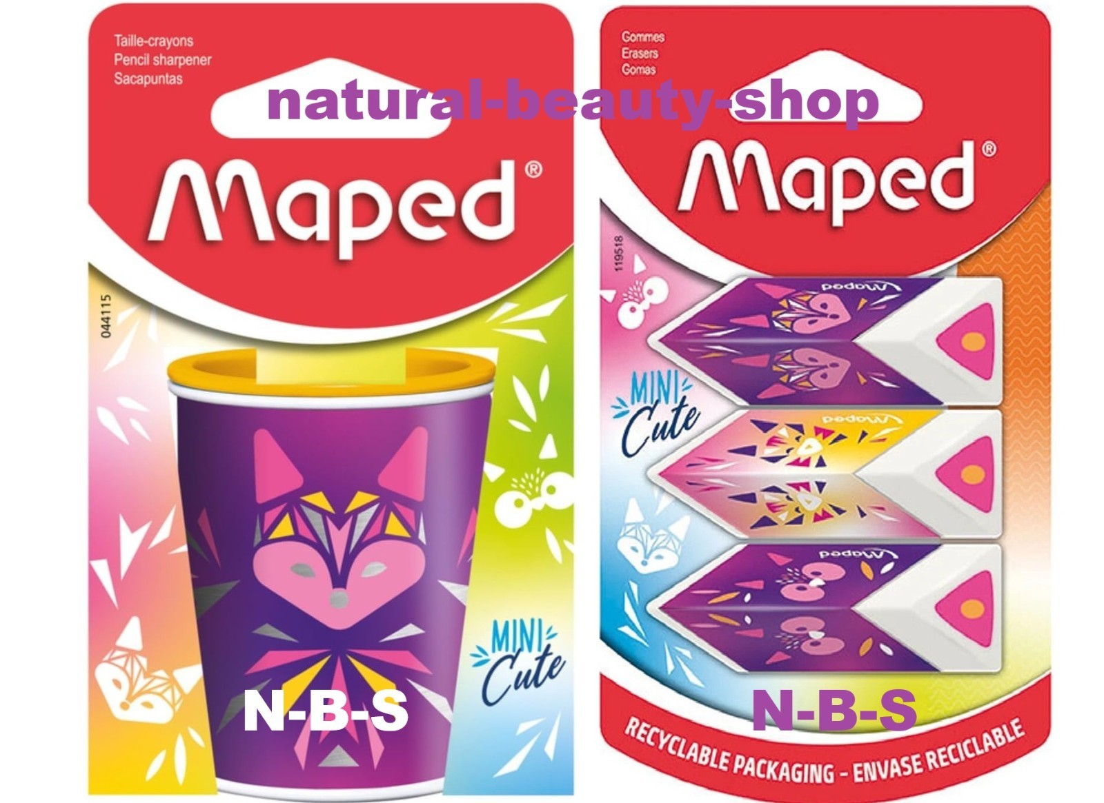 Maped Mini Cute Triangular Eraser & 2 Pencil Size Canister Sharpener Set -PURPLE
