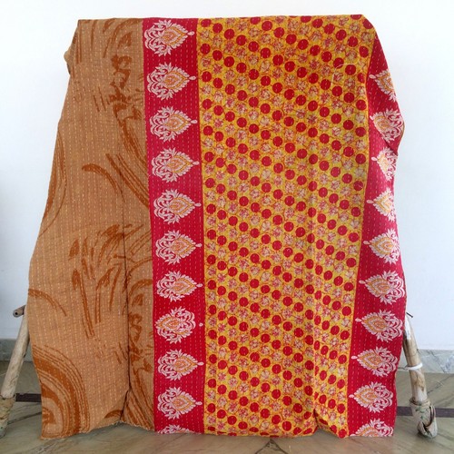 Indian Vintage Twin Kantha Handmade Cotton Quilt Bed Cover Throw Blanket Gudari - Picture 2 of 4