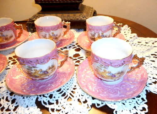 RARO Juego de 6 tazas de té y platillos con paneles elevados alemanes rosas - CIRCA 1940s - Imagen 4 de 8