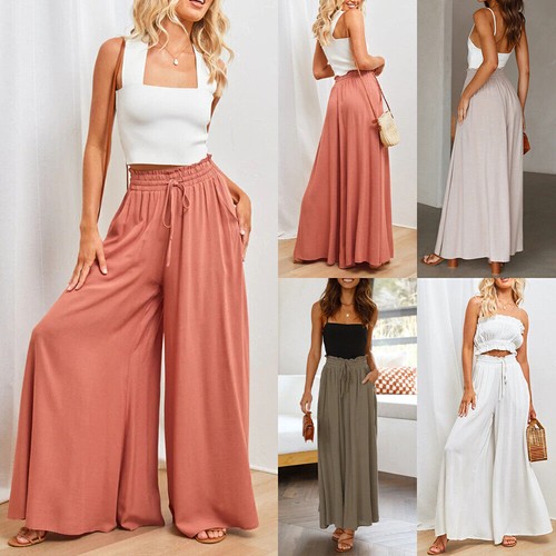 Women Boho Wide Leg Palazzo Long Pants Culottes High Waist Casual Loose Trousers