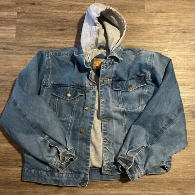 Vintage Canyon Guide Outfitters Jean Denim Trucker Jacket Grey Hood Grunge 