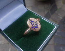 ROSE Gold Masonic Ring  9ct Antique  Blue Enamel  Swivel hm 1917 Chester  size S
