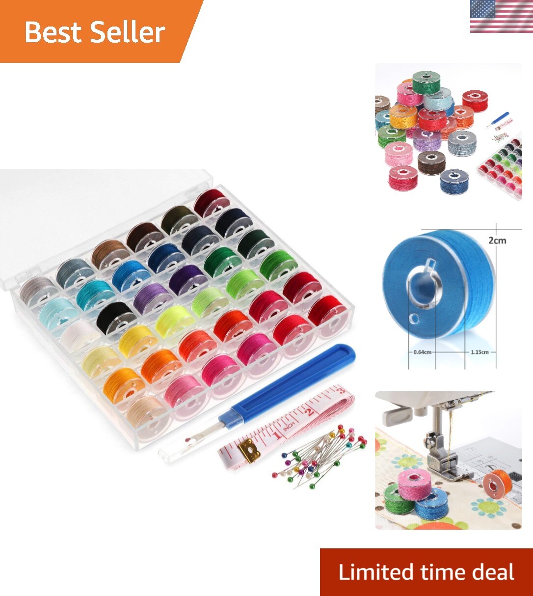 Assorted Sewing Machine Bobbins - 36 Colors with Bobbin Case & Measuring Tape