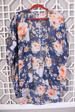 Emory Park Duster Womens One Size Blue Orange Floral Peony Open Front Kimono