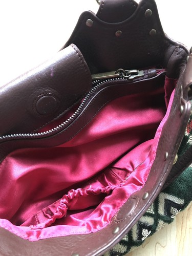 Maxximum Purse Tapestry Print Velvet Faux Fur Gold Thread Mix Leather Studded - Picture 4 of 11
