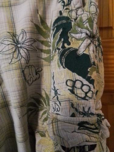 VTG Ecko Unltd Mens Size 34 Hawaiian Shorts Embroiderd Green Plaid Hip Hop Y2K - Picture 4 of 13