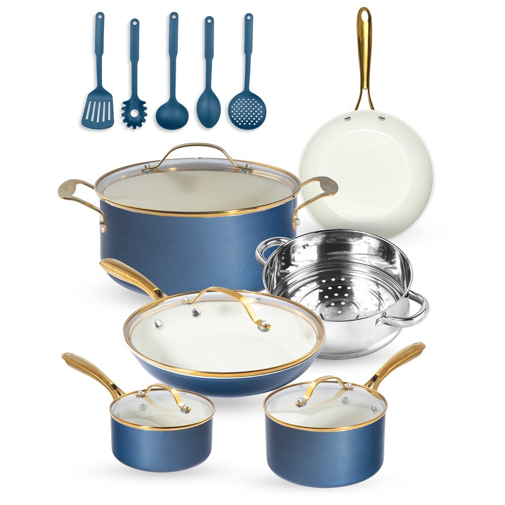 Gotham Steel Navy/Cream 15 Piece Nonstick Ceramic Cookware Set With Utensils