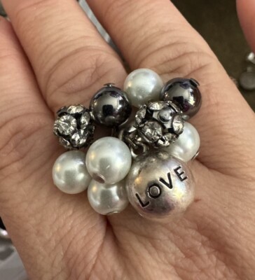 Harajuku Lovers Silver Tone Faux Pearls Love Jingle Bell Ring Adjustable