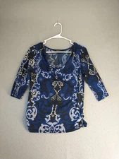 Style Co Womens Top Small Black Blue Geometric 3/4 Sleeve Scoop Neck Blouse