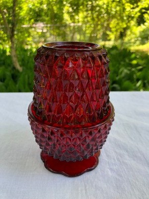 Vintage Indiana Glass Diamond Point Fairy Lamp Ruby Red Glass Candle Holder 5''
