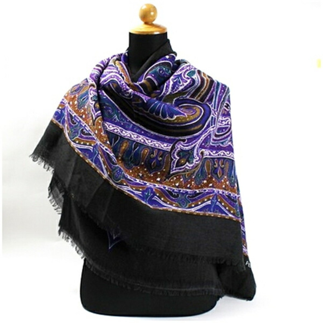 FENDI Wool Large Scarf Stole Dark Gray x Purple Paisley Women's