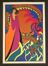 Vintage Psychedelic Pop Art Print – Woman & Dragon – 1960s–70s Style 13"x9"