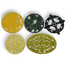 Lot of 5 Cast Iron, Footed Enameled Hot Plate Wall Hanging Trivets
