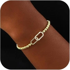 Gold Bracelets for Women 14K Gold Plated Beaded Bracelets Gold Stretch Bead B...