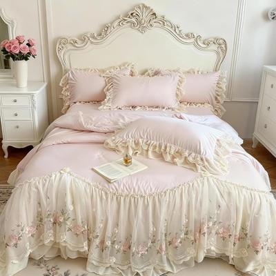 Romantic French Chic 4-Piece Bedding Set with Lace Trim for Queen Bed, Pink