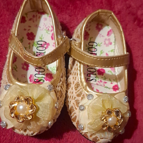 Girls Gold Floral Mary Jane Flats Strap Closure Pearl Flower Rhinestone Newborn