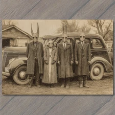 POSTCARD Creepy Alien Mask Family Vintage Car Strange Sepia Weird Retro Horror