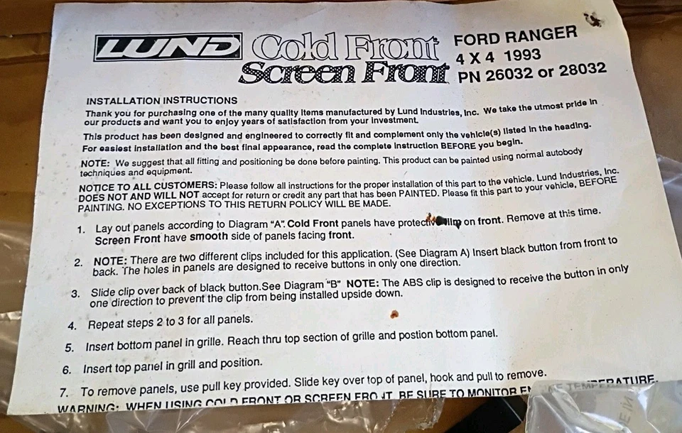 LUND Coldl FrontFORD RANGER4 X 4 1993Screen FrOPN 26032 or 28032 - Image 2 of 3