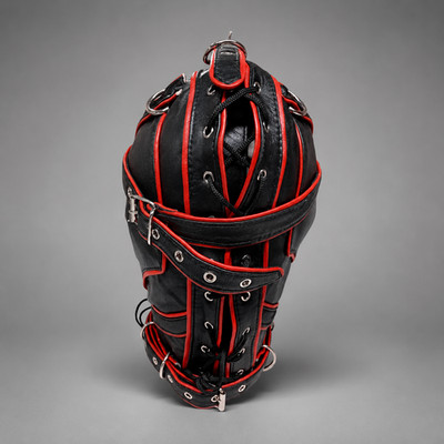 Schwarz rote Leder Vollkopfmaske, verstellbare Schnalle Cosplay Kostüm Kapuze
