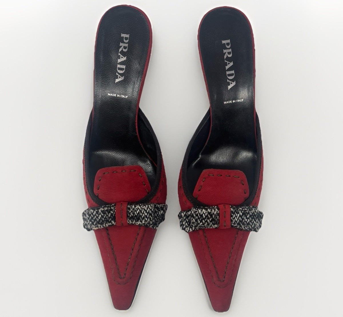 Prada Red Suede Mule Heels Size 37 Pointed Toe Kitten Heel Slides