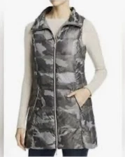 EUC My Anorak Women Long Metallic Camo Nylon Down Vest in Green L