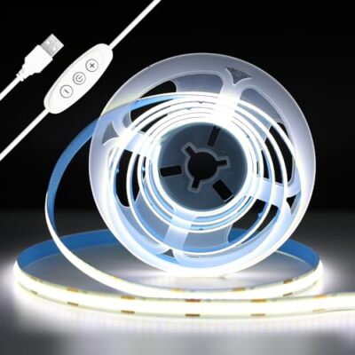  5V USB COB LED Strip Light Cold White 6000K, 6.6ft/2M 640LEDs LED Strips 
