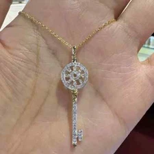 1.50Ct Real Moissanite key Pendant Necklace 14K Yellow Gold Plated Silver