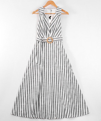 St Frock Womens Midi Dress Size 8 Black White Striped Collared Belted 'SOLERO'