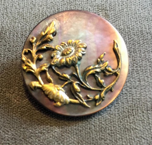 antique MOTHER OF PEARL BUTTON  W/ BRASS FLORALS 1"